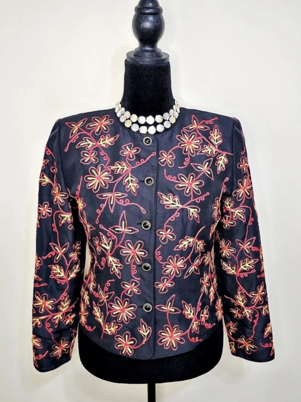 VTG Maggy L Silk Crewel Floral Embroidery Statement Trophy Jacket Blazer Sz 4